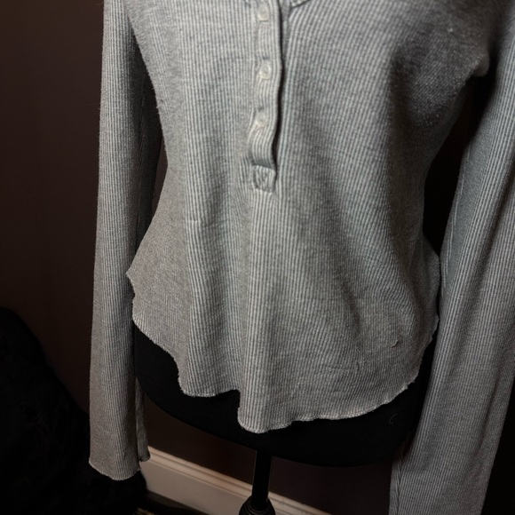 Free People Ribbed Long Sleeve Henley Top Gray Size L - Picture 2 of 5